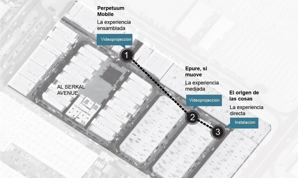 Proyecto de videoate. Mapa de AlSerkal Avenue distrito cultural senalando la ubicacion de las videoinstalaciones de la comision A-B=C